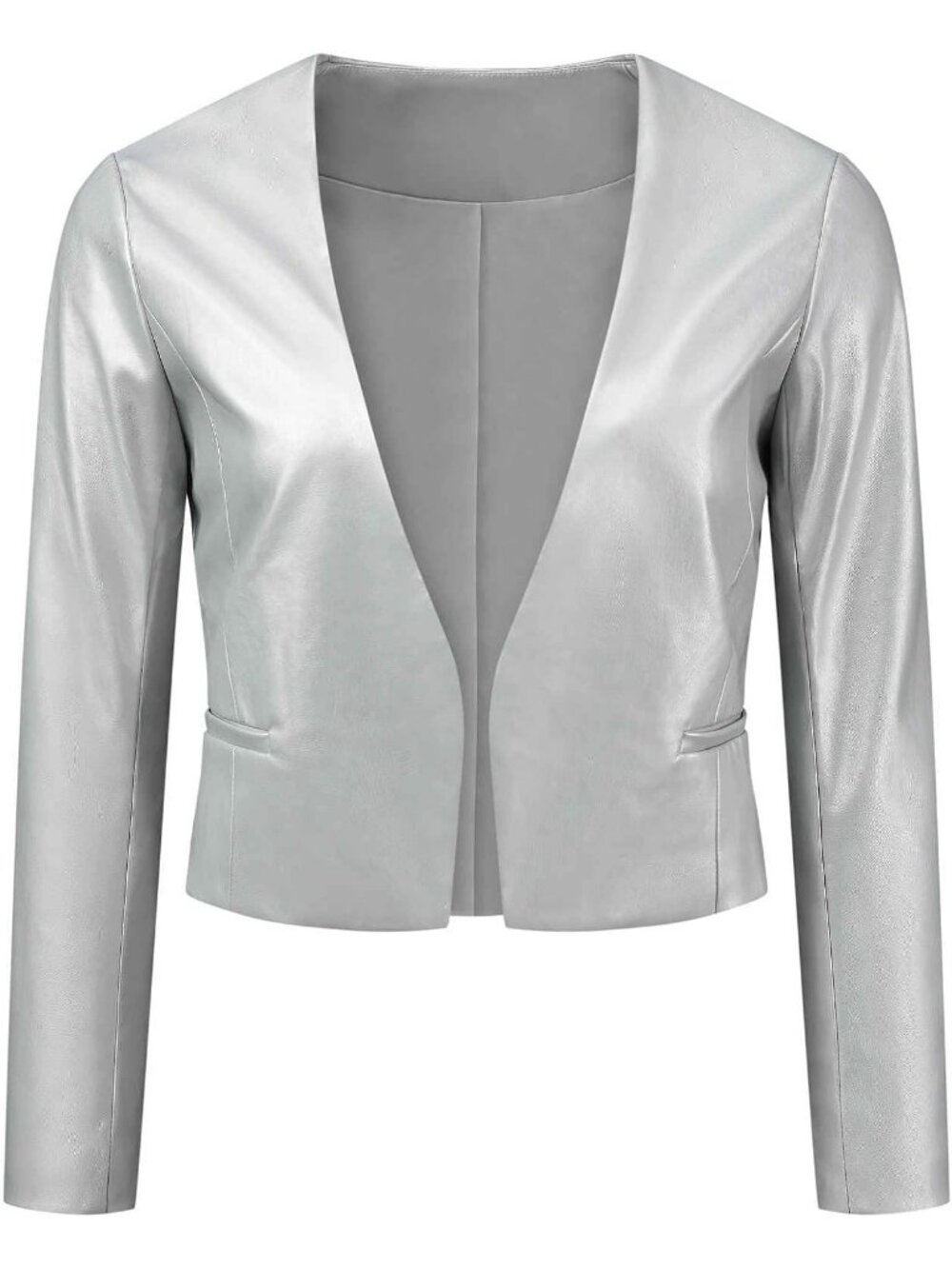 Women Silver Leather Cropped Collarless Open Front Short Moto Bike Bomber Jacket